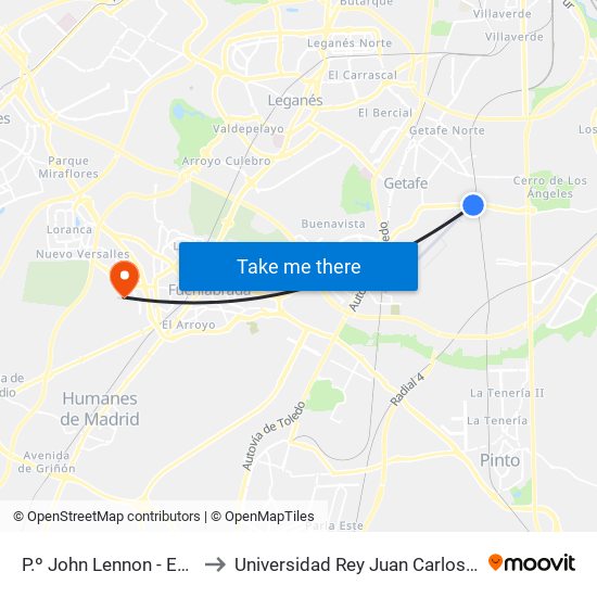 P.º John Lennon - Est. Getafe Industrial to Universidad Rey Juan Carlos - Campus De Fuenlabrada map