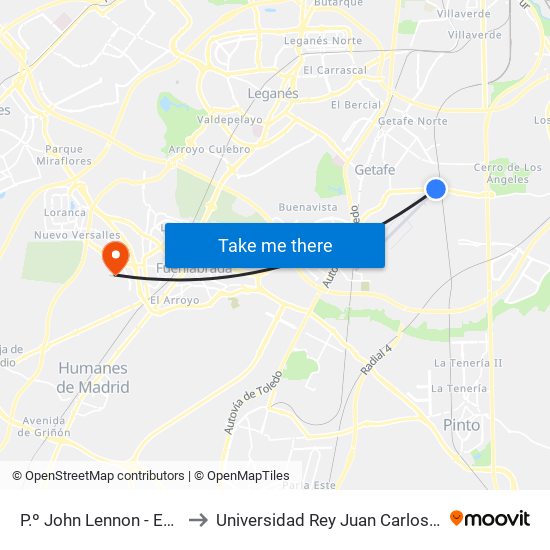 P.º John Lennon - Est. Getafe Industrial to Universidad Rey Juan Carlos - Campus De Fuenlabrada map