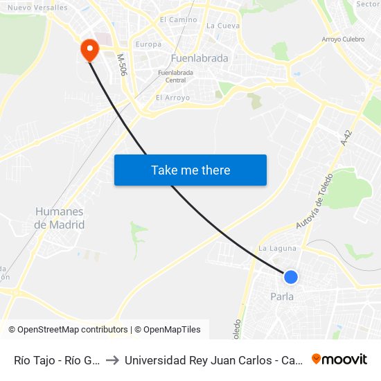 Río Tajo - Río Guadarrama to Universidad Rey Juan Carlos - Campus De Fuenlabrada map