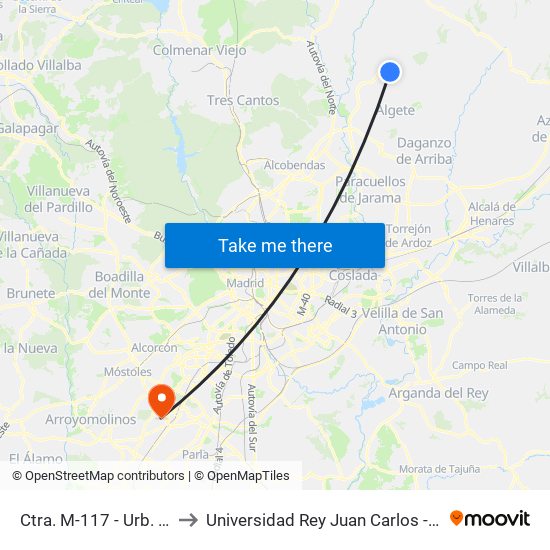 Ctra. M-117 - Urb. Los Manantiales to Universidad Rey Juan Carlos - Campus De Fuenlabrada map