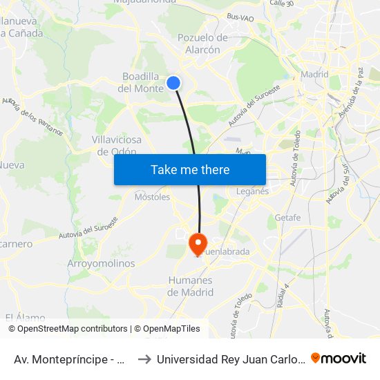 Av. Montepríncipe - Hospital Montepríncipe to Universidad Rey Juan Carlos - Campus De Fuenlabrada map