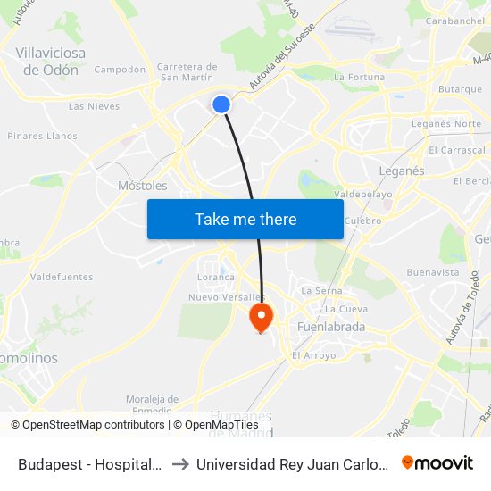 Budapest - Hospital Fundación Alcorcón to Universidad Rey Juan Carlos - Campus De Fuenlabrada map