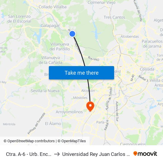 Ctra. A-6 - Urb. Encinar De Las Rozas to Universidad Rey Juan Carlos - Campus De Fuenlabrada map