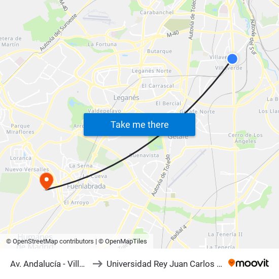 Av. Andalucía - Villaverde Bajo Cruce to Universidad Rey Juan Carlos - Campus De Fuenlabrada map