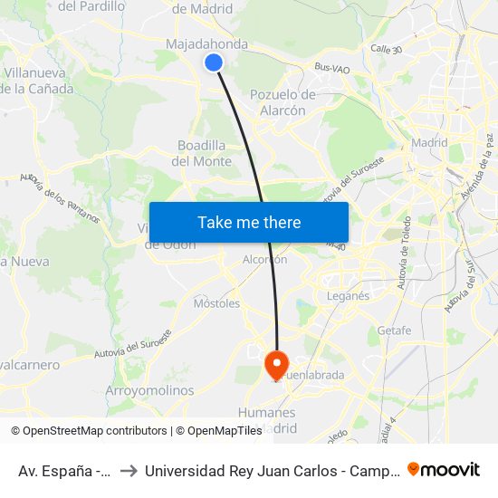 Av. España - El Zoco to Universidad Rey Juan Carlos - Campus De Fuenlabrada map