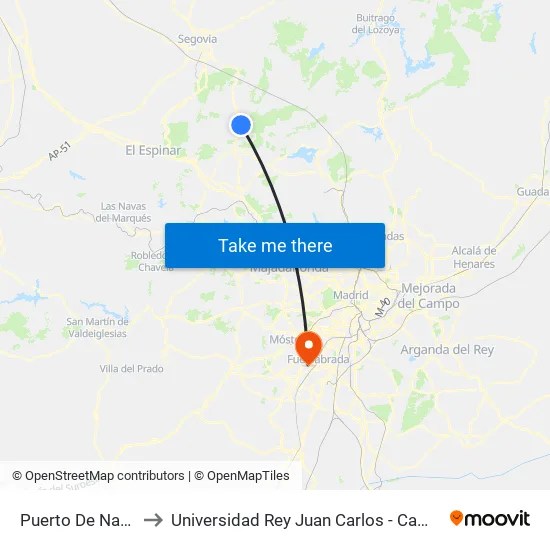 Puerto De Navacerrada to Universidad Rey Juan Carlos - Campus De Fuenlabrada map