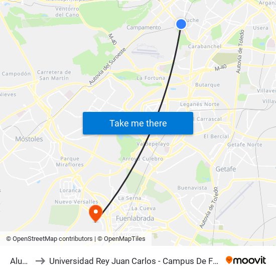 Aluche to Universidad Rey Juan Carlos - Campus De Fuenlabrada map