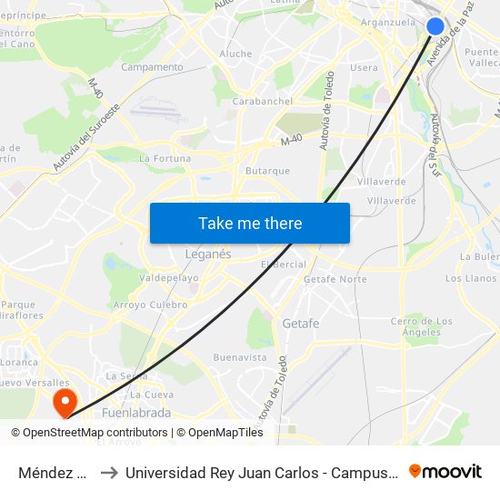 Méndez Álvaro to Universidad Rey Juan Carlos - Campus De Fuenlabrada map