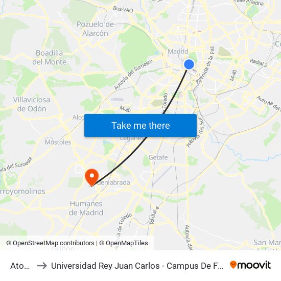 Atocha to Universidad Rey Juan Carlos - Campus De Fuenlabrada map