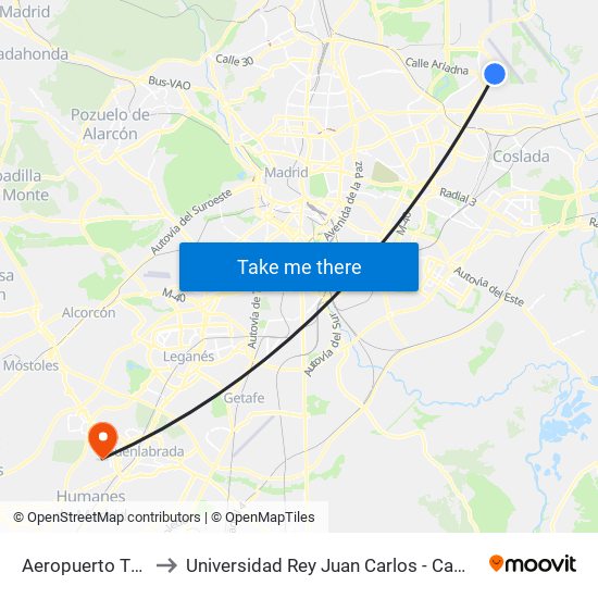 Aeropuerto T1 - T2 - T3 to Universidad Rey Juan Carlos - Campus De Fuenlabrada map