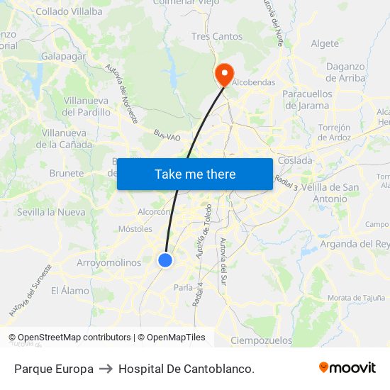 Parque Europa to Hospital De Cantoblanco. map