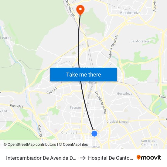 Intercambiador De Avenida De América to Hospital De Cantoblanco. map