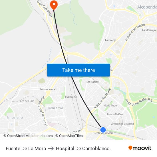 Fuente De La Mora to Hospital De Cantoblanco. map