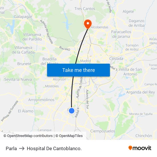 Parla to Hospital De Cantoblanco. map