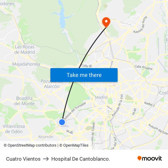 Cuatro Vientos to Hospital De Cantoblanco. map