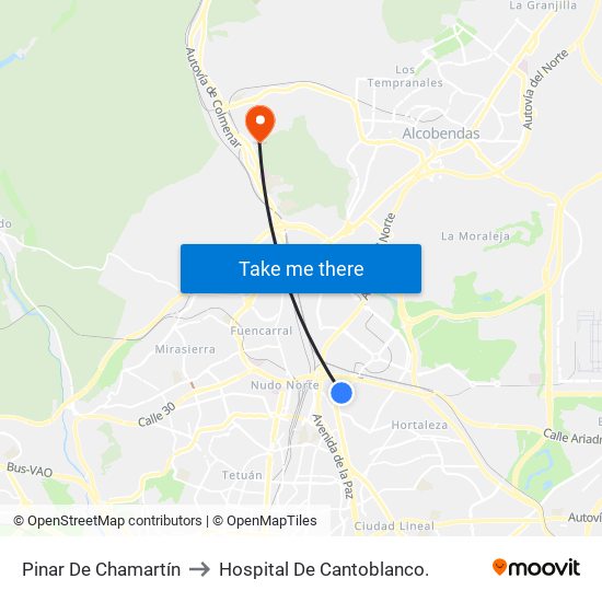 Pinar De Chamartín to Hospital De Cantoblanco. map