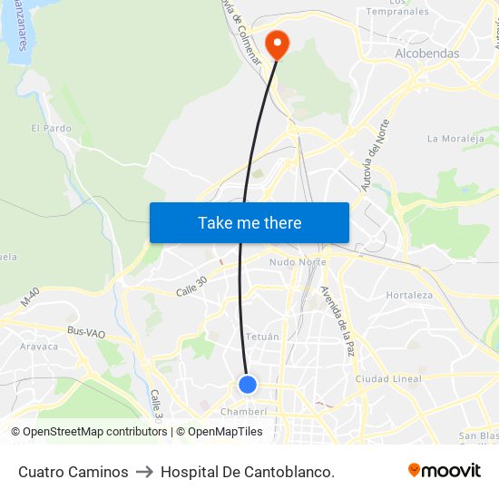 Cuatro Caminos to Hospital De Cantoblanco. map