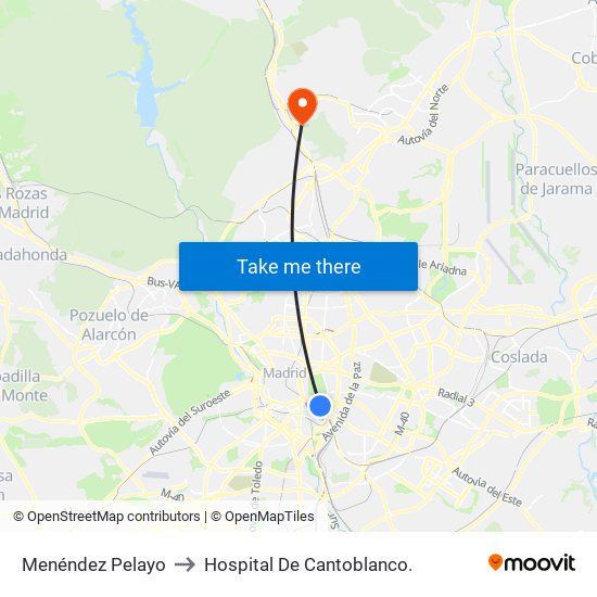 Menéndez Pelayo to Hospital De Cantoblanco. map