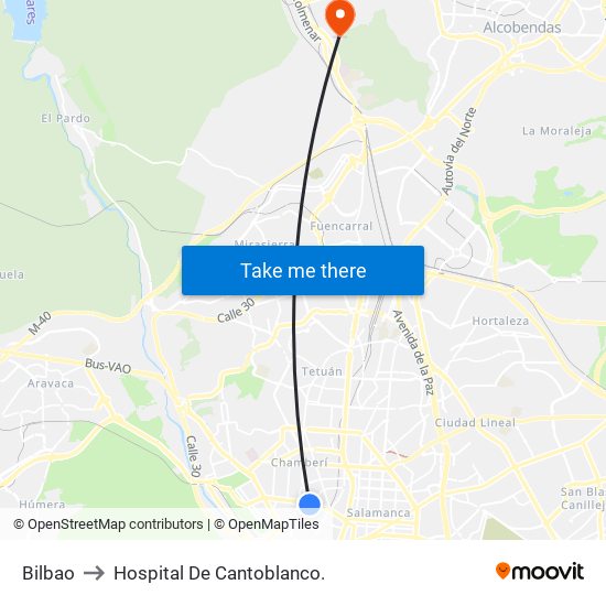 Bilbao to Hospital De Cantoblanco. map