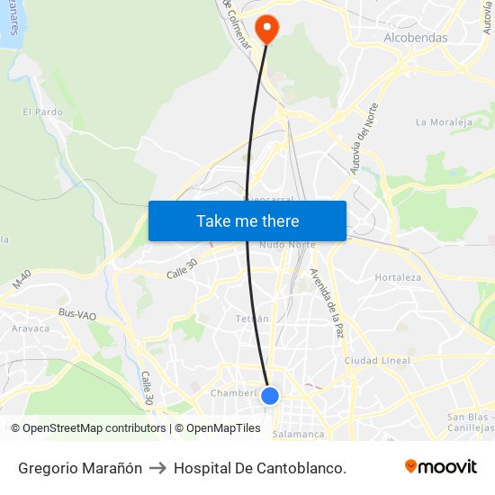 Gregorio Marañón to Hospital De Cantoblanco. map