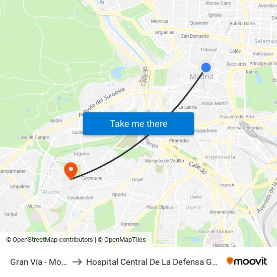 Gran Vía - Montera to Hospital Central De La Defensa Gómez Ulla. map