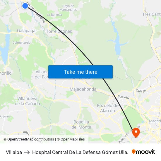Villalba to Hospital Central De La Defensa Gómez Ulla. map