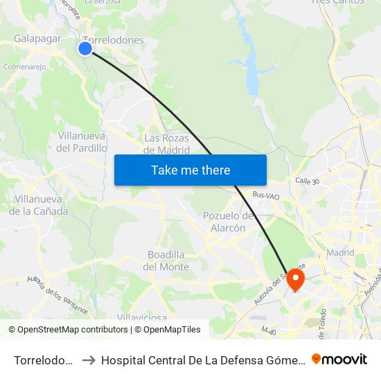 Torrelodones to Hospital Central De La Defensa Gómez Ulla. map