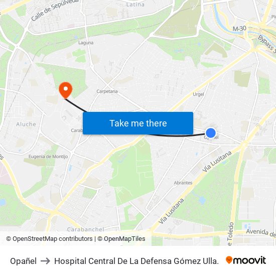 Opañel to Hospital Central De La Defensa Gómez Ulla. map