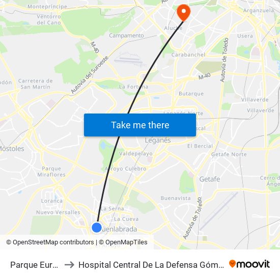 Parque Europa to Hospital Central De La Defensa Gómez Ulla. map
