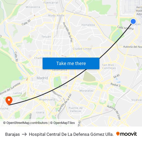 Barajas to Hospital Central De La Defensa Gómez Ulla. map