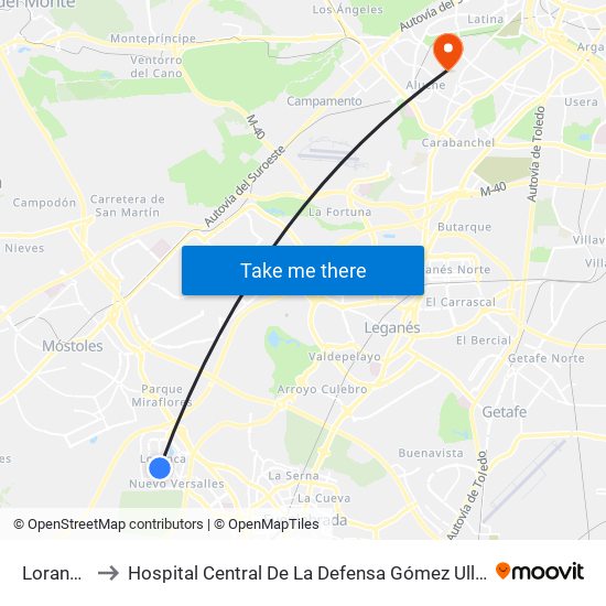 Loranca to Hospital Central De La Defensa Gómez Ulla. map