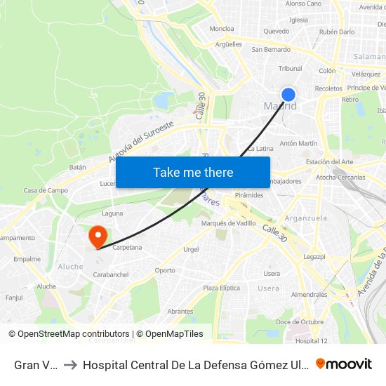 Gran Vía to Hospital Central De La Defensa Gómez Ulla. map