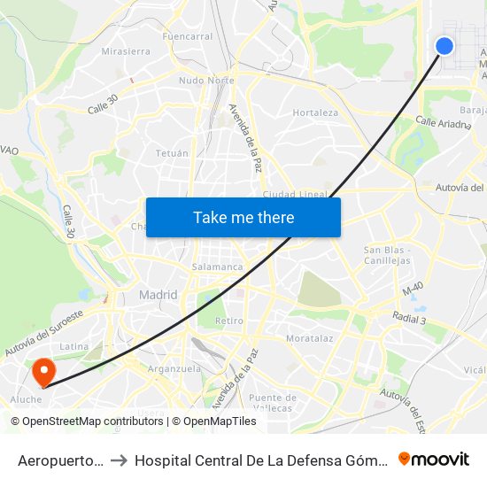 Aeropuerto T4 to Hospital Central De La Defensa Gómez Ulla. map