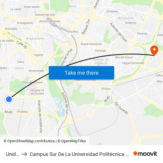 Unidad to Campus Sur De La Universidad Politécnica De Madrid map