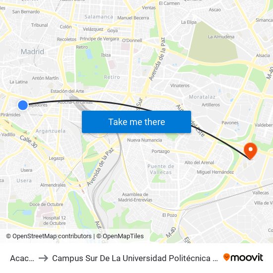 Acacias to Campus Sur De La Universidad Politécnica De Madrid map