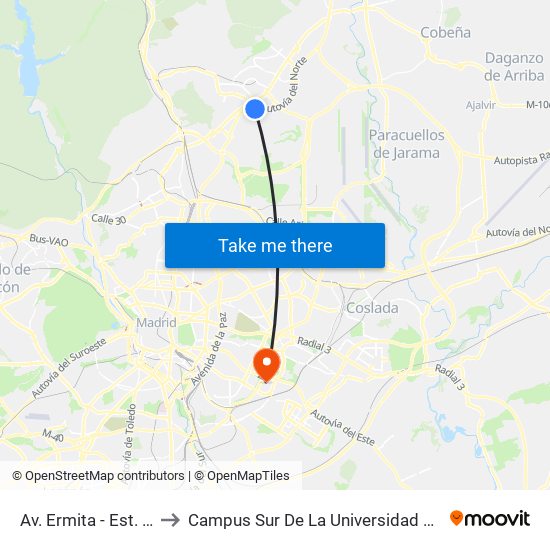 Av. Ermita - Est. La Moraleja to Campus Sur De La Universidad Politécnica De Madrid map