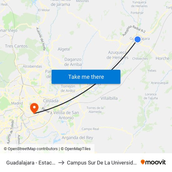 Estación De Autobuses, Guadalajara to Campus Sur De La Universidad Politécnica De Madrid map