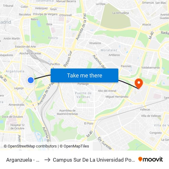 Arganzuela - Planetario to Campus Sur De La Universidad Politécnica De Madrid map