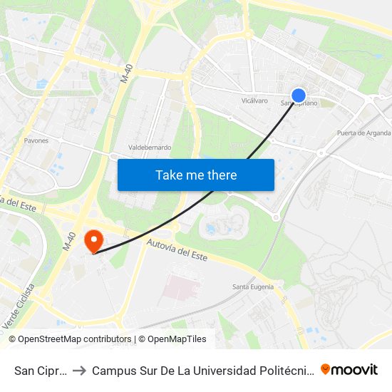 San Cipriano to Campus Sur De La Universidad Politécnica De Madrid map