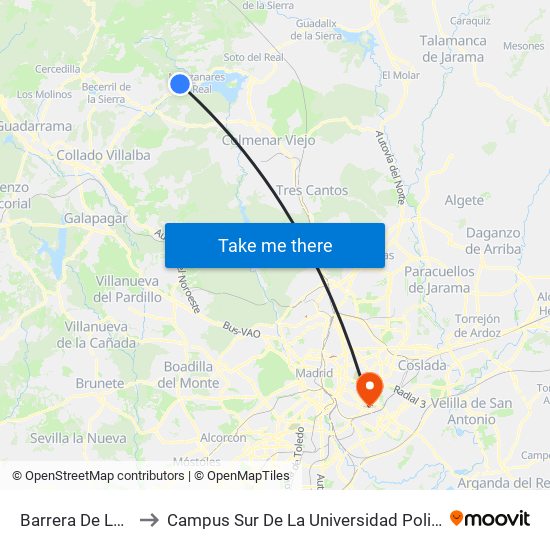 Barrera De La Pedriza to Campus Sur De La Universidad Politécnica De Madrid map