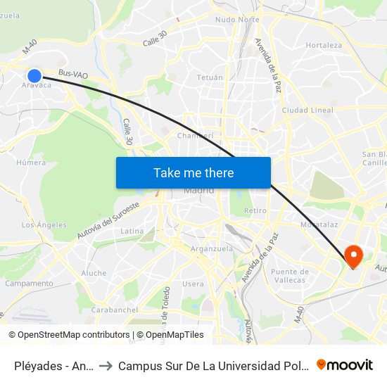 Pléyades - Ana Teresa to Campus Sur De La Universidad Politécnica De Madrid map