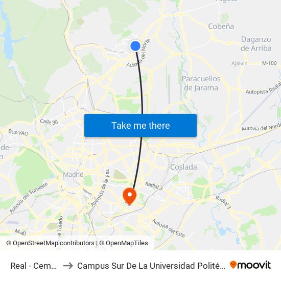 Real - Cementerio to Campus Sur De La Universidad Politécnica De Madrid map