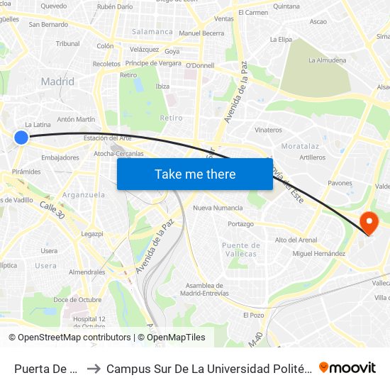 Puerta De Toledo to Campus Sur De La Universidad Politécnica De Madrid map