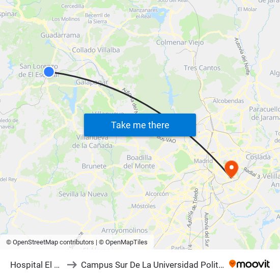 Hospital El Escorial to Campus Sur De La Universidad Politécnica De Madrid map