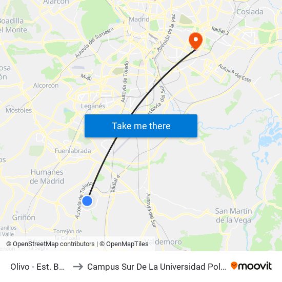 Olivo - Est. Bulevar Sur to Campus Sur De La Universidad Politécnica De Madrid map
