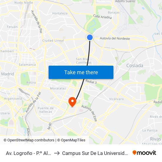 Av. Logroño - P.º Alameda De Osuna to Campus Sur De La Universidad Politécnica De Madrid map