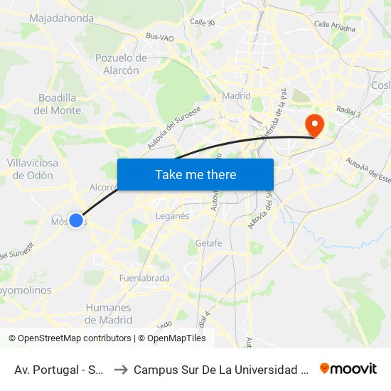 Av. Portugal - Severo Ochoa to Campus Sur De La Universidad Politécnica De Madrid map