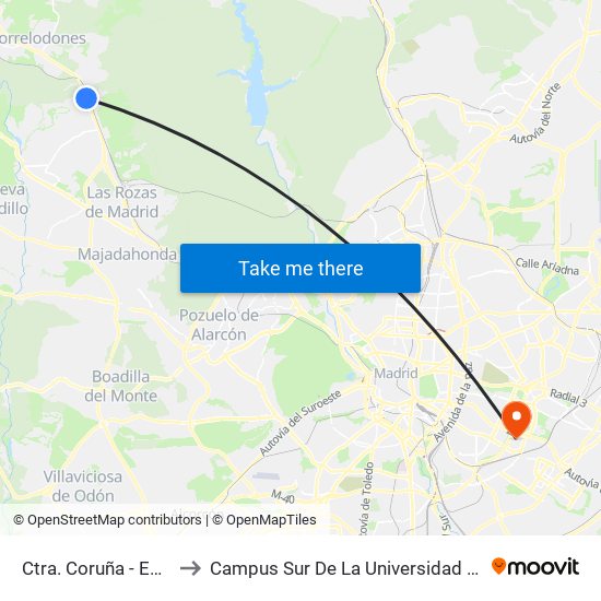 Ctra. Coruña - Est. Las Matas to Campus Sur De La Universidad Politécnica De Madrid map