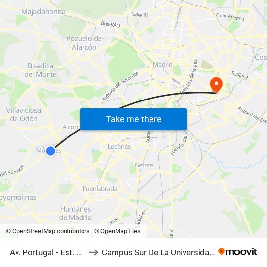 Av. Portugal - Est. Móstoles Central to Campus Sur De La Universidad Politécnica De Madrid map
