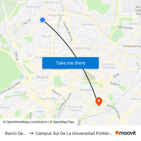 Barrio Del Pilar to Campus Sur De La Universidad Politécnica De Madrid map